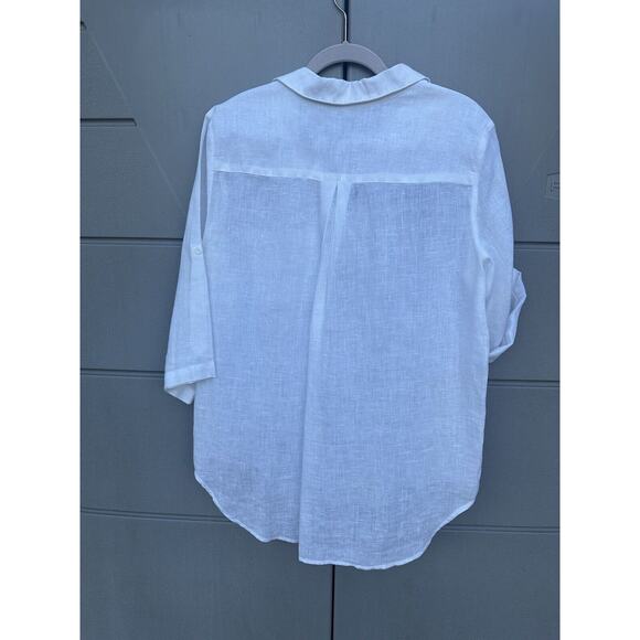 Side Stitch Los Angeles White linen popover blouse pocket Roll Tab Sleeves Sz M - Picture 9 of 12